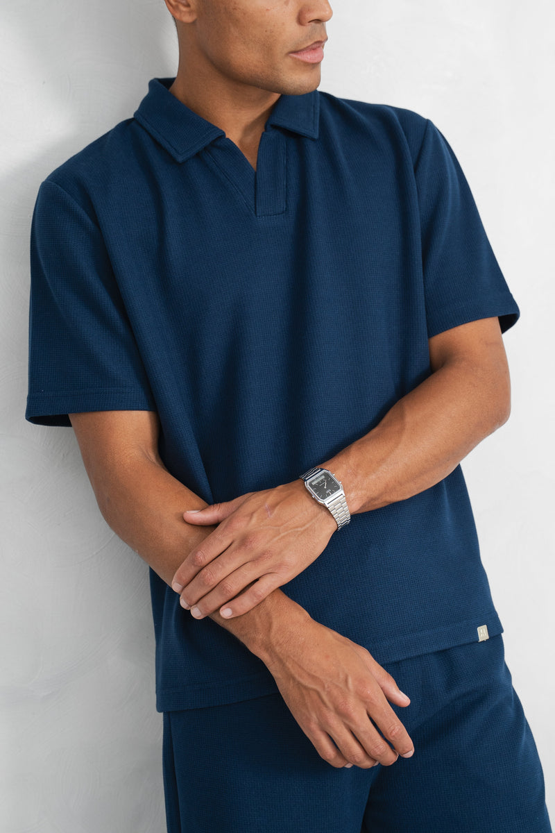 Waffle Boxy Open Neck Polo - Navy