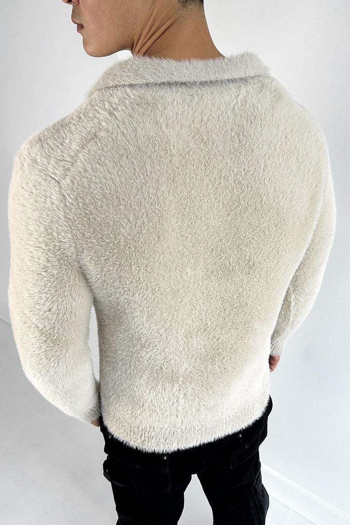 Open Neck Mohair Polo Pullover - Taupe