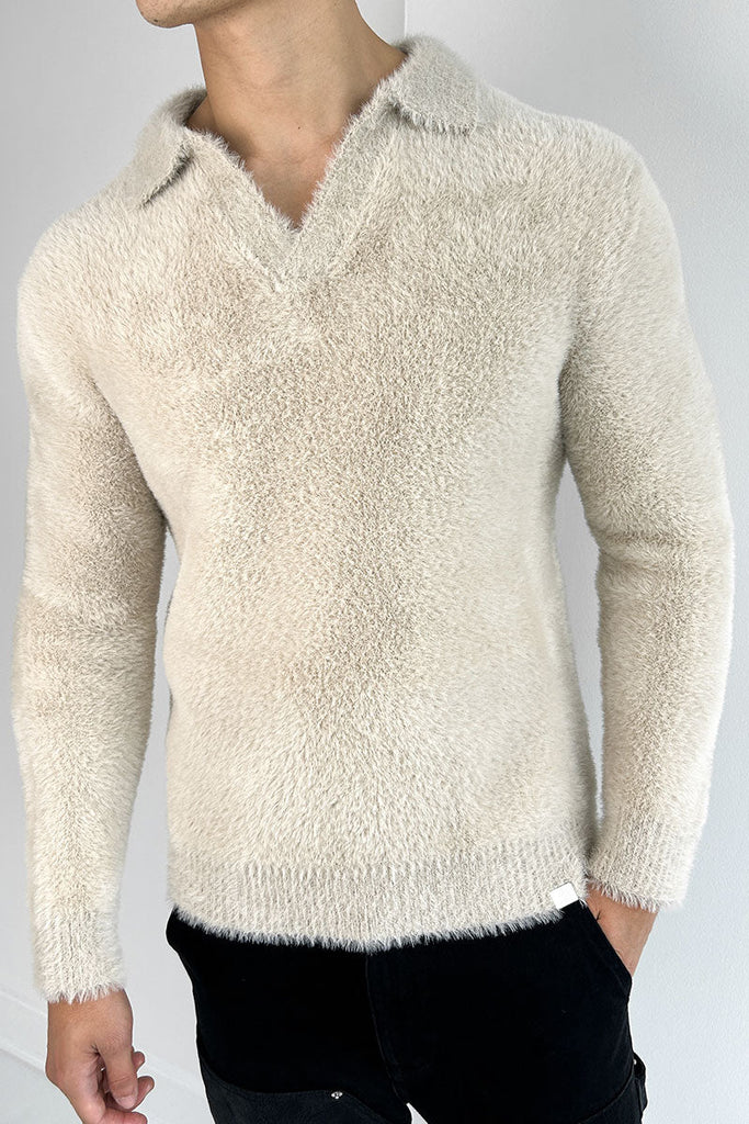 Open Neck Mohair Polo Pullover - Taupe