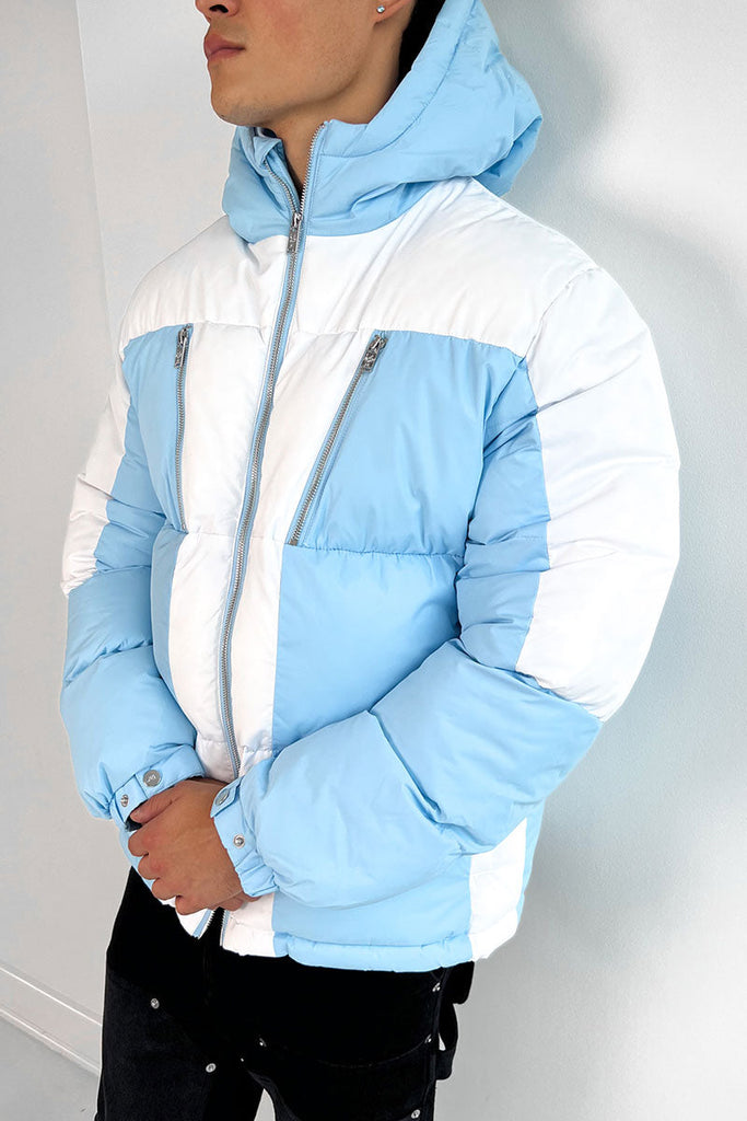 Split Panel Puffer Jacket - Pale Blue