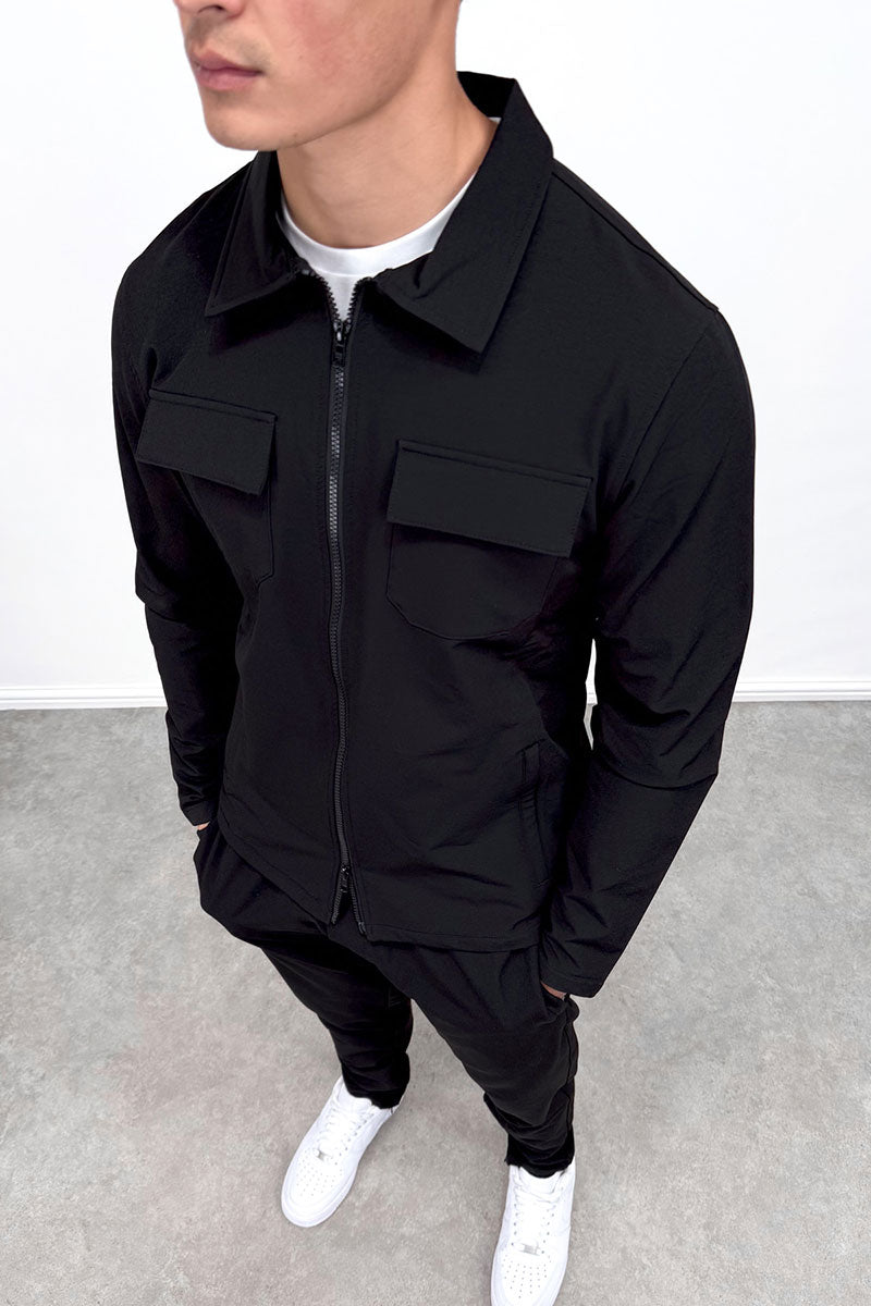 Tailored Cargo Zip-Up Overshirt - Black