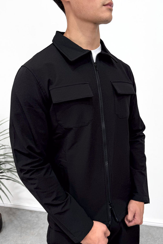 Tailored Cargo Zip-Up Overshirt - Black