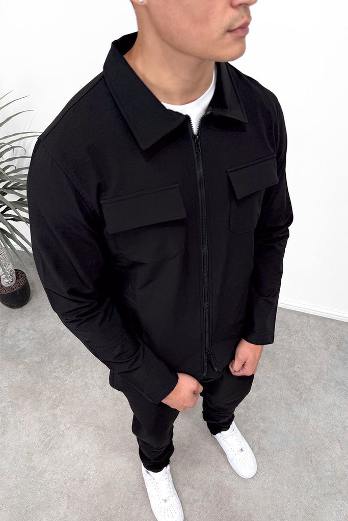 Tailored Cargo Zip-Up Overshirt - Black