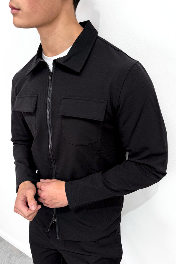 Tailored Cargo Zip-Up Overshirt - Black