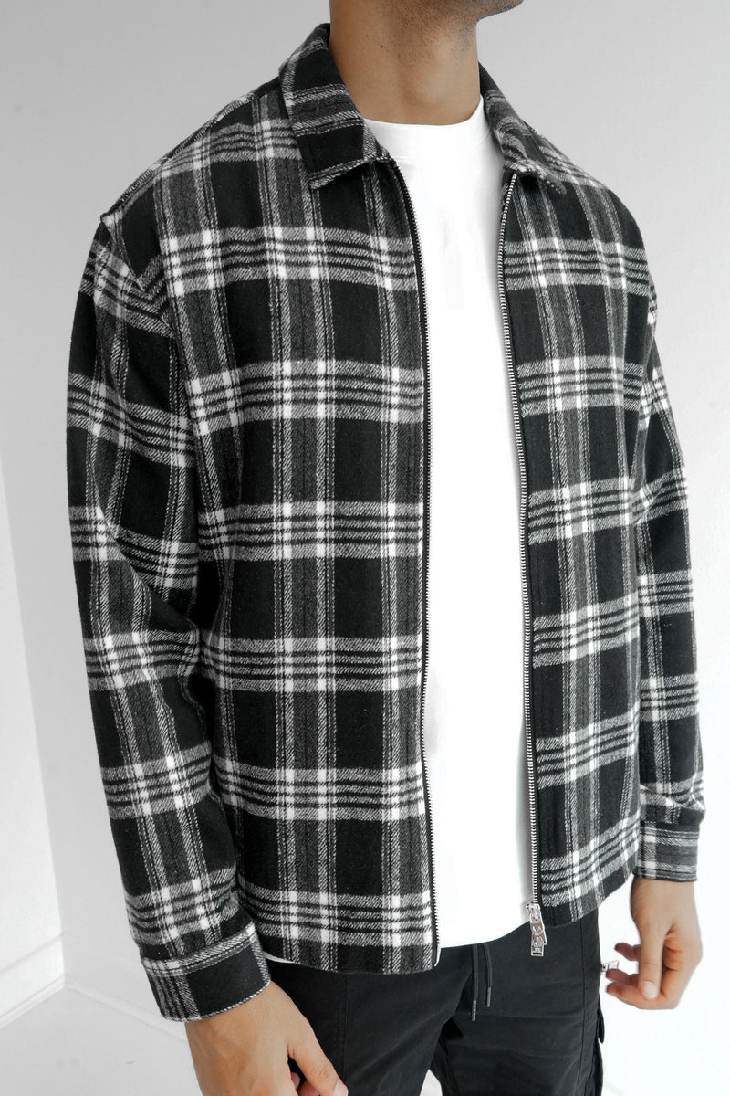 Boxy Checked Zip-Up Shirt - Black