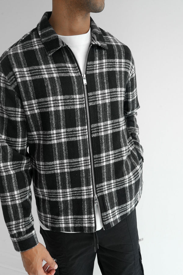 Boxy Checked Zip-Up Shirt - Black