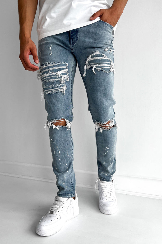 Distressed Slim Fit Jeans - Washed Blue