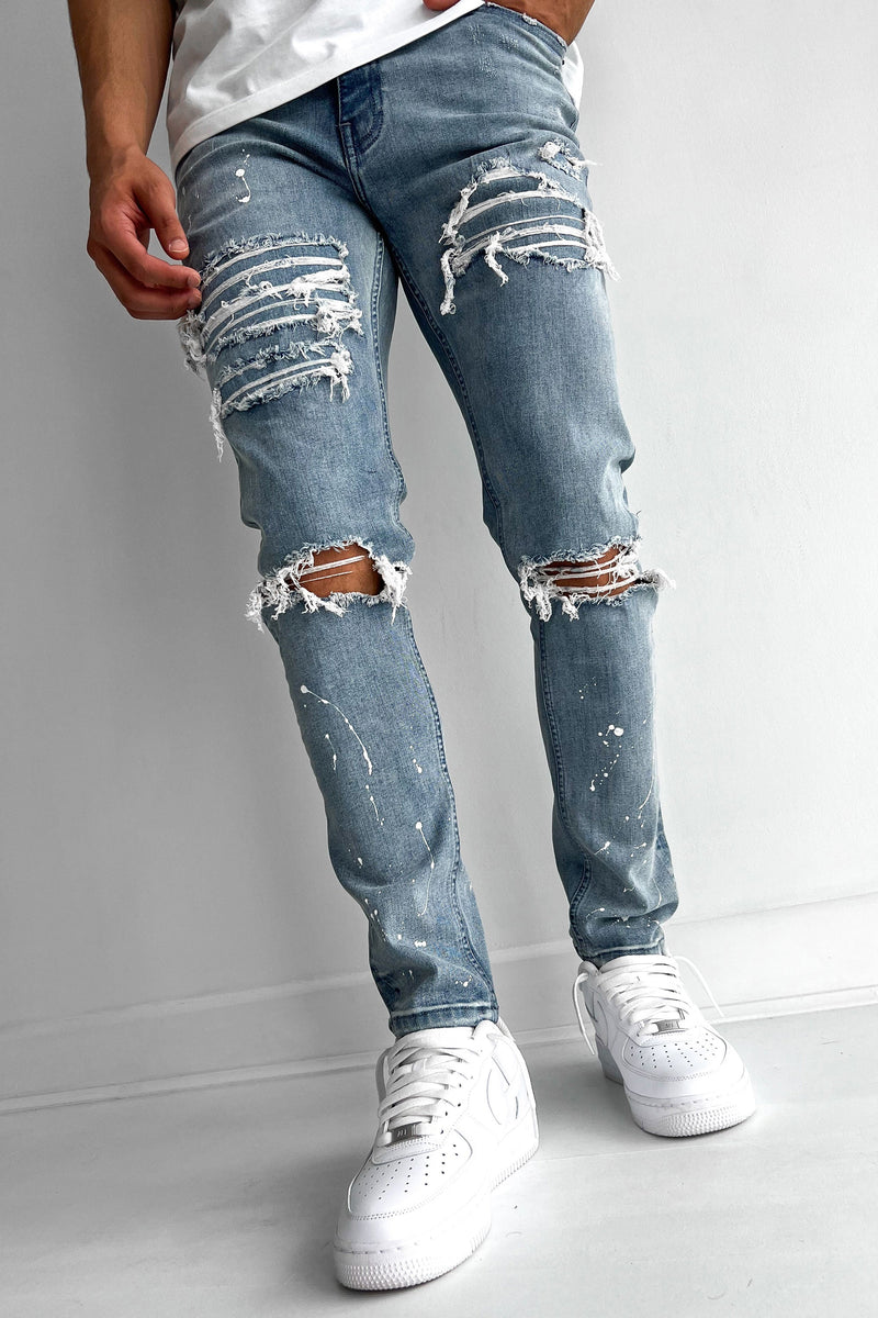 Distressed Slim Fit Jeans - Washed Blue