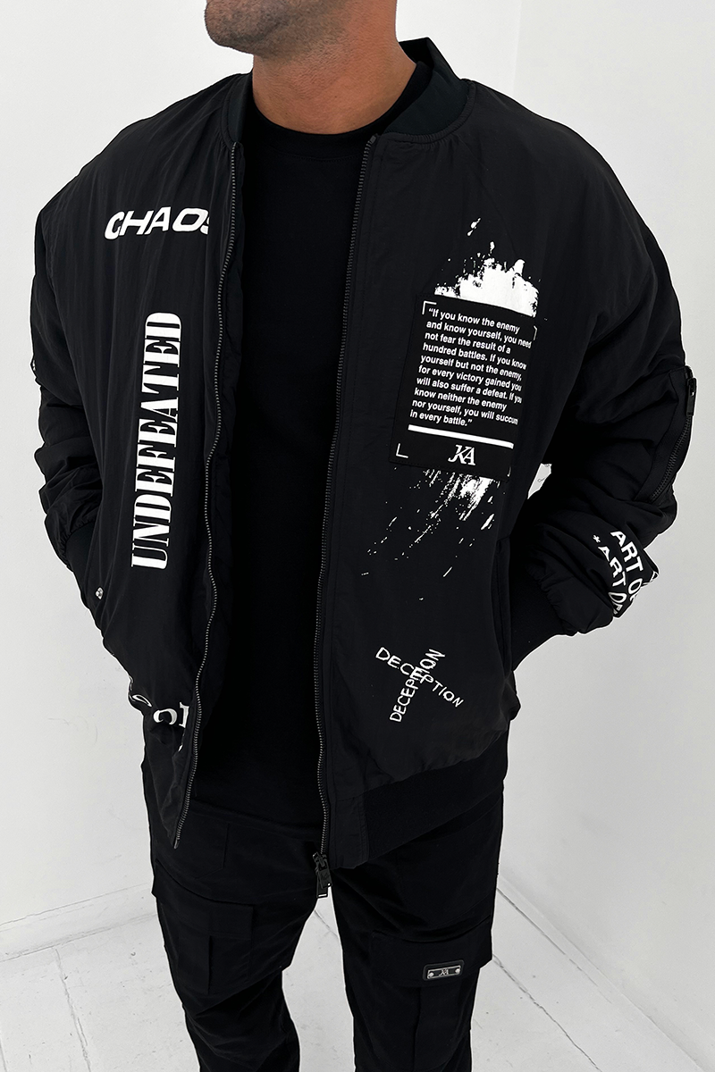 Chaos Graffiti Print Bomber Jacket - Black