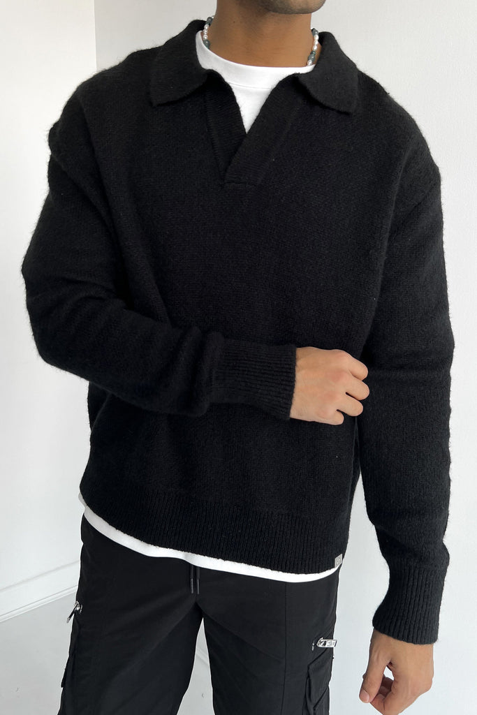 Relaxed Knitted Polo - Black