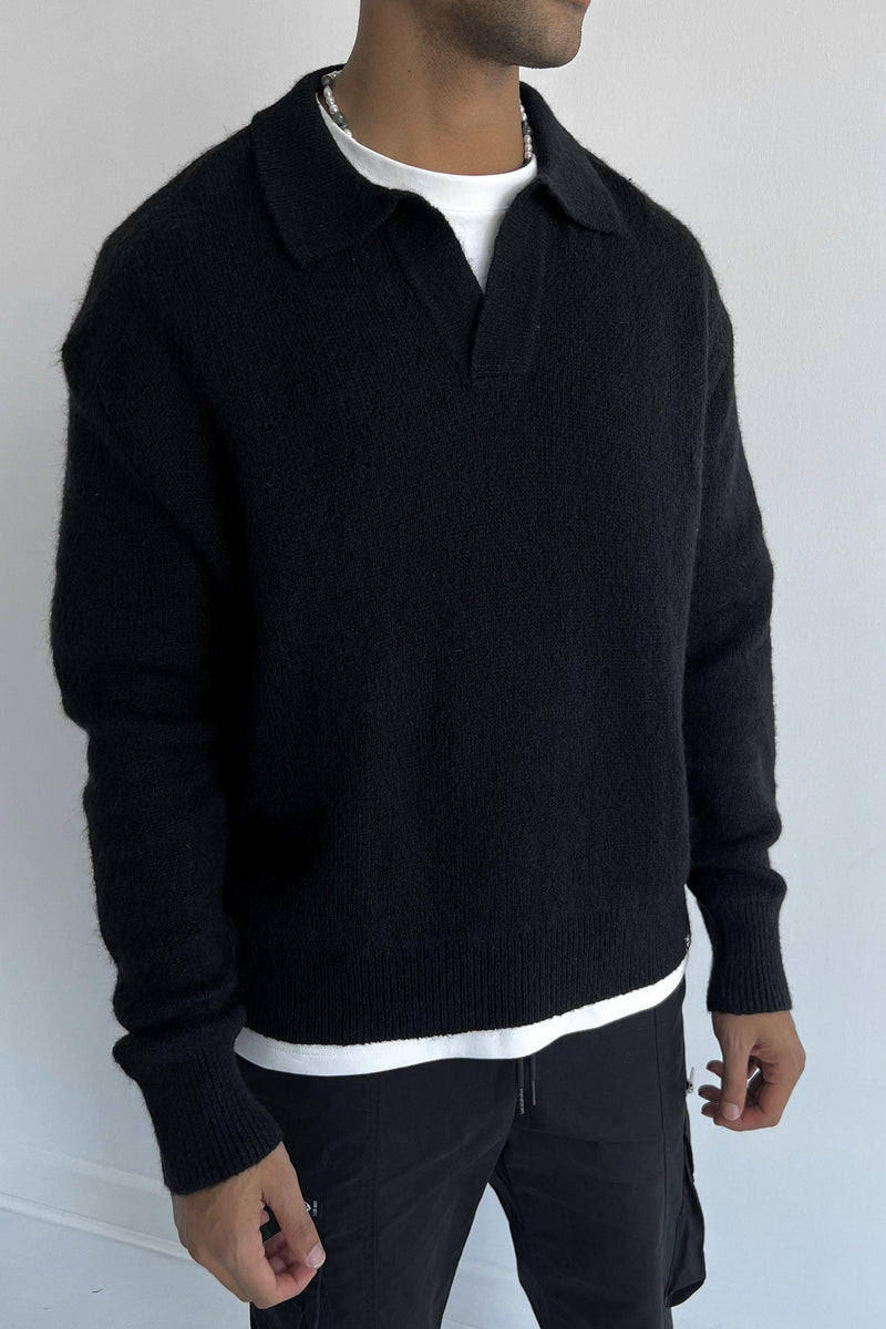 Relaxed Knitted Polo - Black