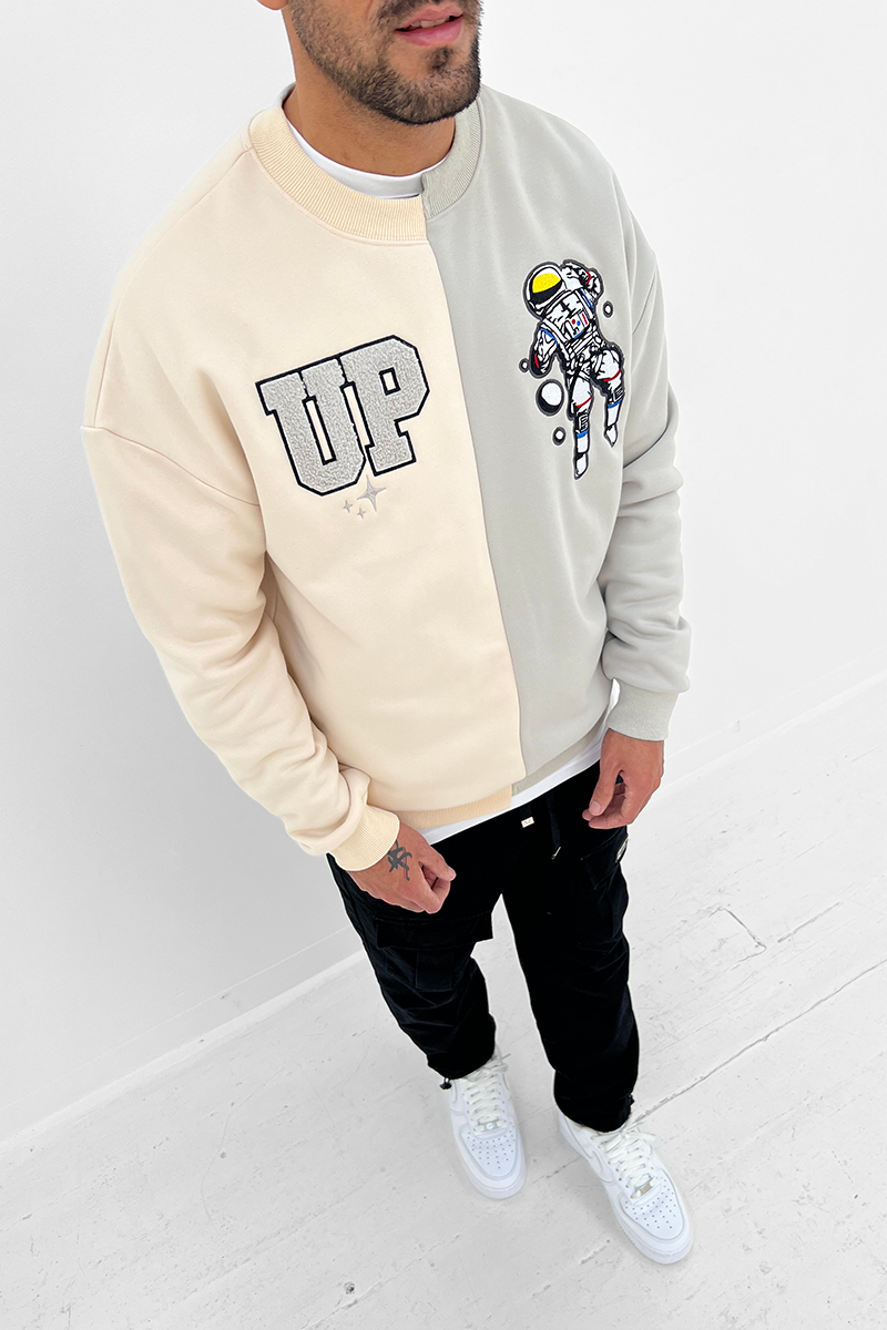 'UP' Split Panel Sweatshirt - Stone/Grey